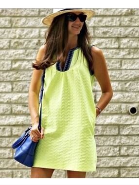 J. Crew Neon Arrow Yellow Shift Dress with Blue Trim NWOT Size 0 Vacation Cruise